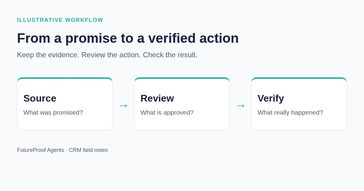 A proposed follow-up moves from source evidence through human review to a verified CRM record.