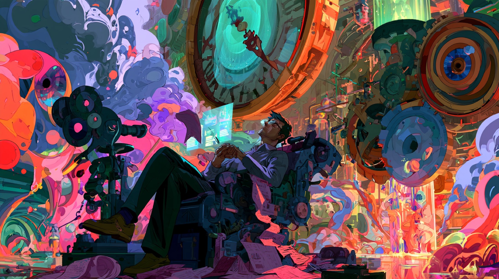 Psychedelic illustration of a creator leaning back inside a clockwork machine next to a film camera and a floating screen, while the edit runs itself