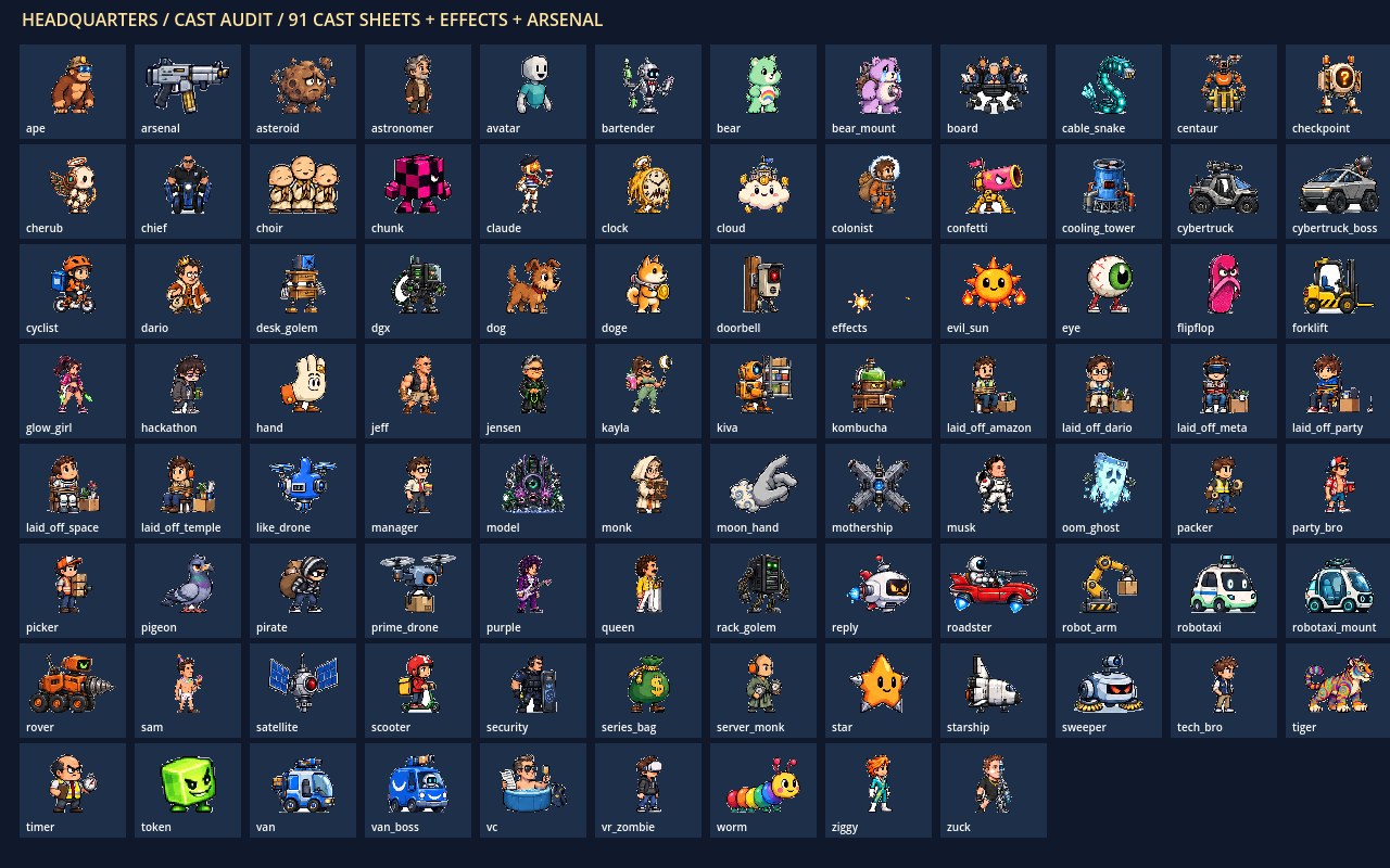 Cast contact sheet showing dozens of pixel art characters
