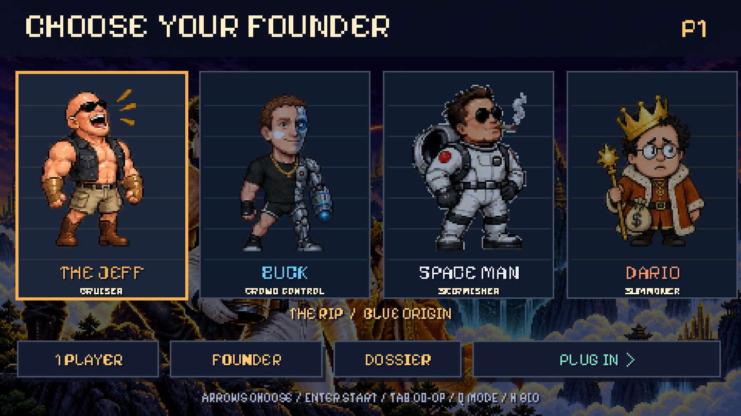 Character select screen with the four founders
