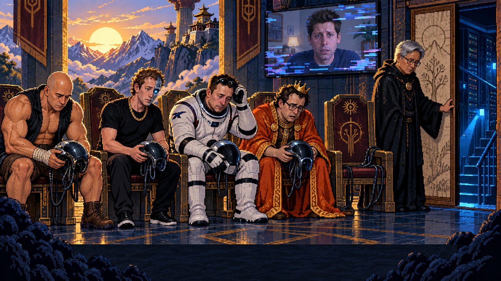 Pixel art scene from HEADQUARTERS: four founders sit in a temple holding neural helmets while a monk in a leather robe opens the door to a data center