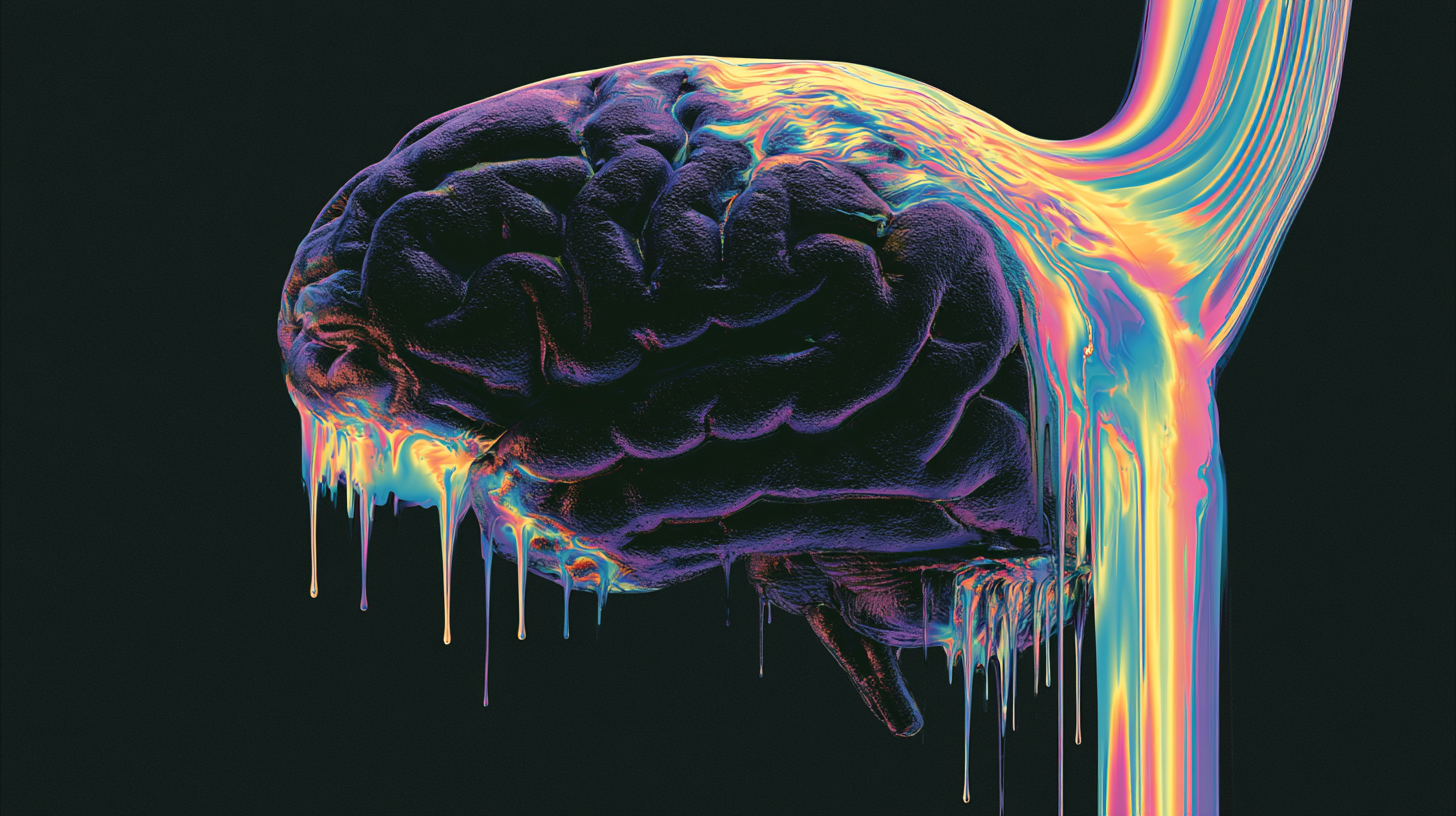Psychedelic illustration of a glowing prismatic brain dripping liquid color, representing the model-cost layer of running an AI agent