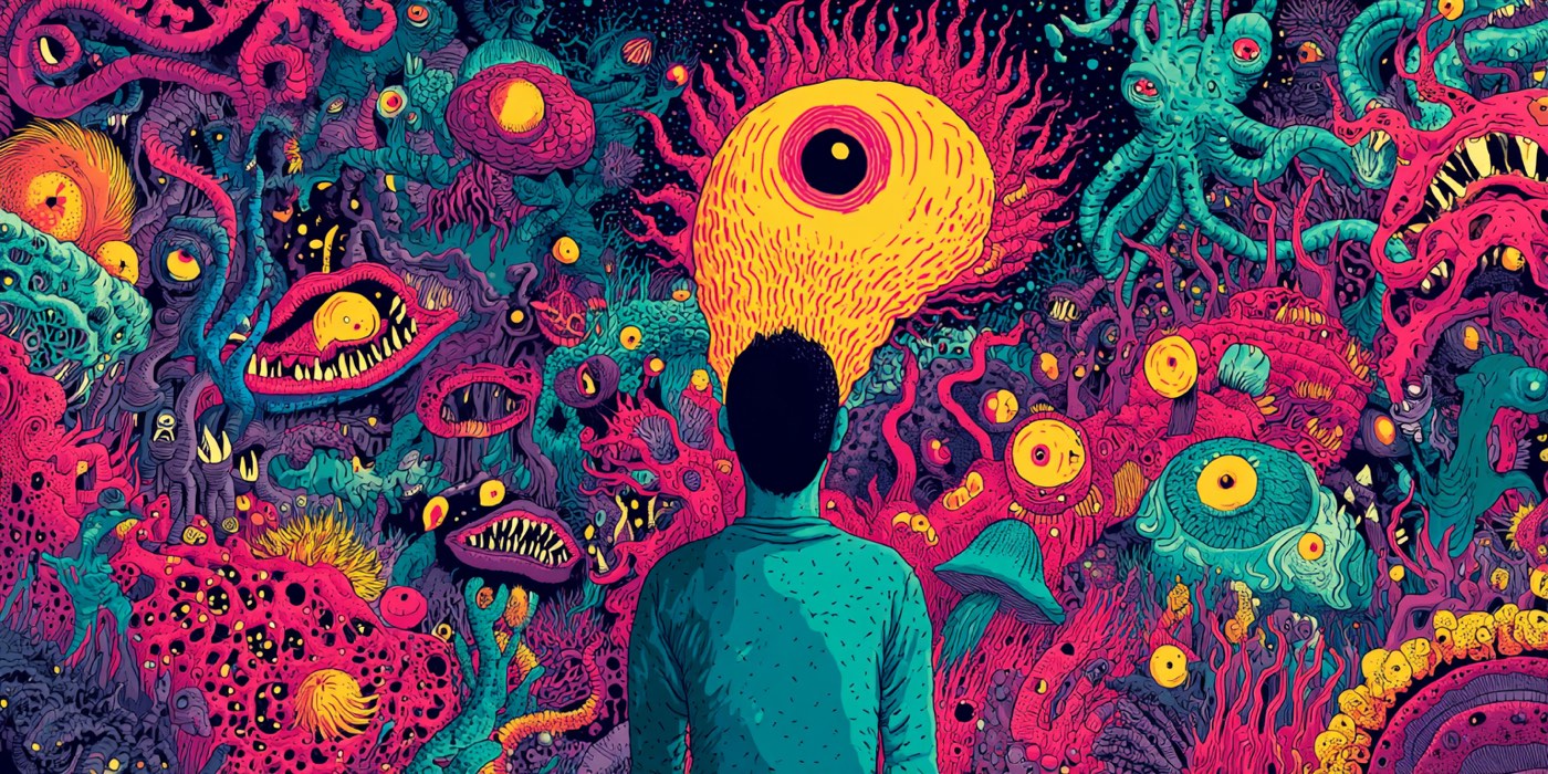Psychedelic illustration of a person standing before a giant glowing brain surrounded by interconnected organisms, representing an organizational brain